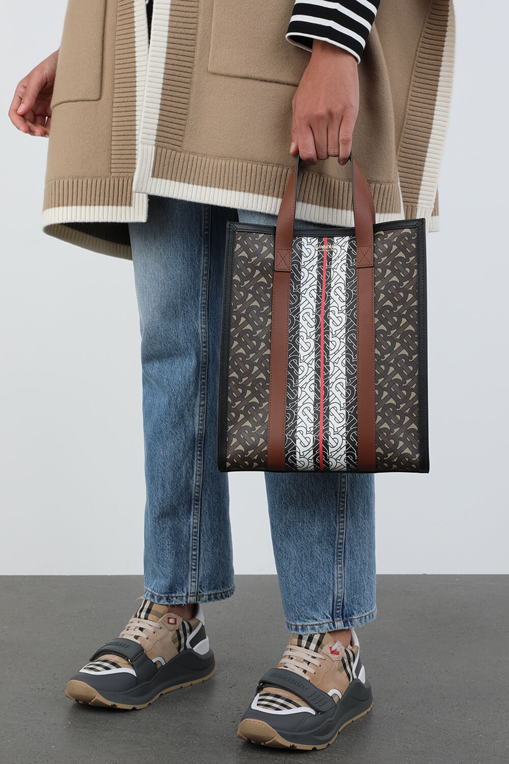 תמונת כל הלוק של Monogram Stripe Tote Bag in Brown